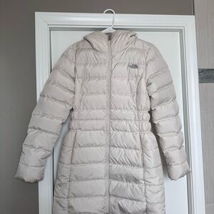 North Face Off White Hooded Puffer Coat Cinched Waist